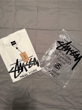 Stussy White Short Sleeve Tee with Black Logo - New York Graphic
